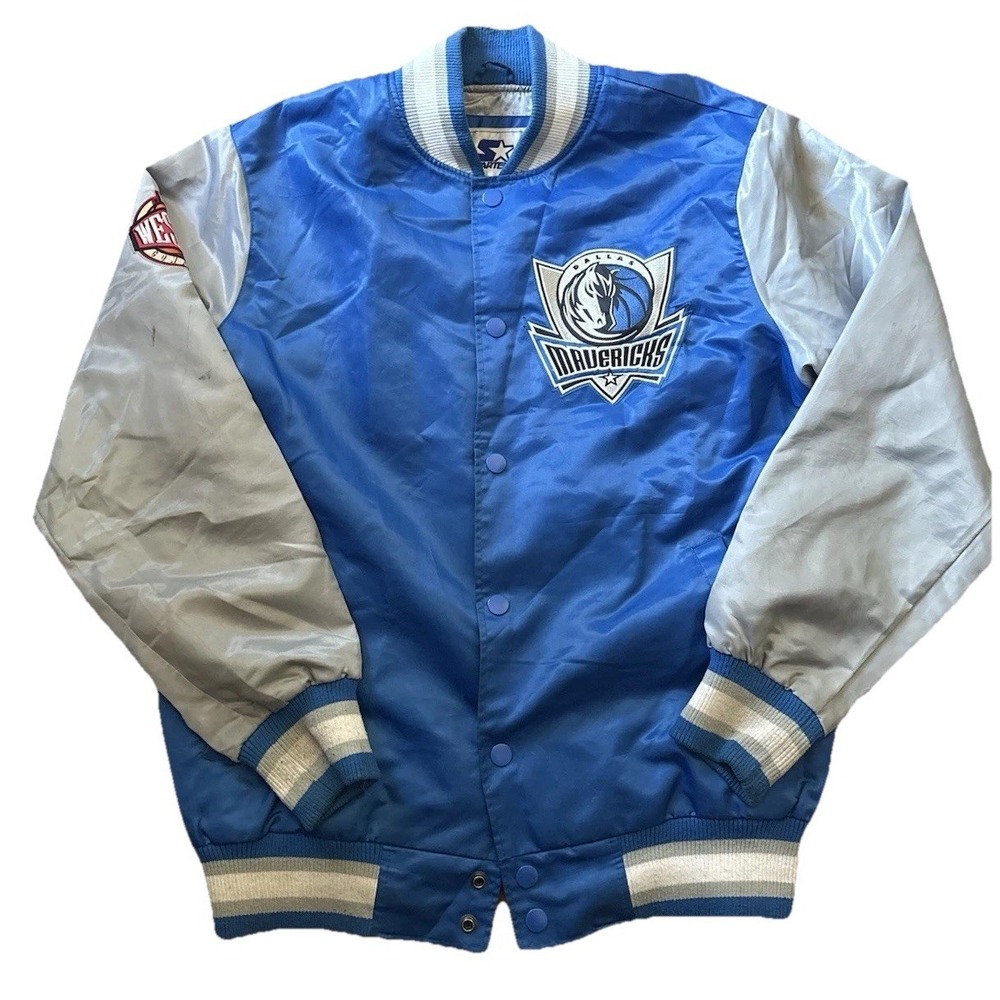 Vintage Dallas Mavericks Starter Satin Varsity Jacket Sz L Blue NBA Embroidered